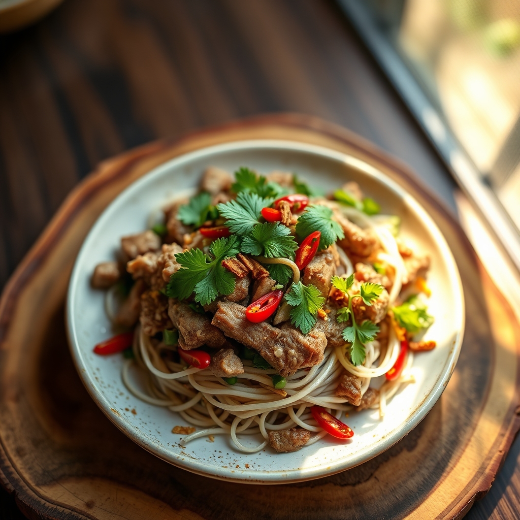 Beef Laab served with sticky rice and vegetables