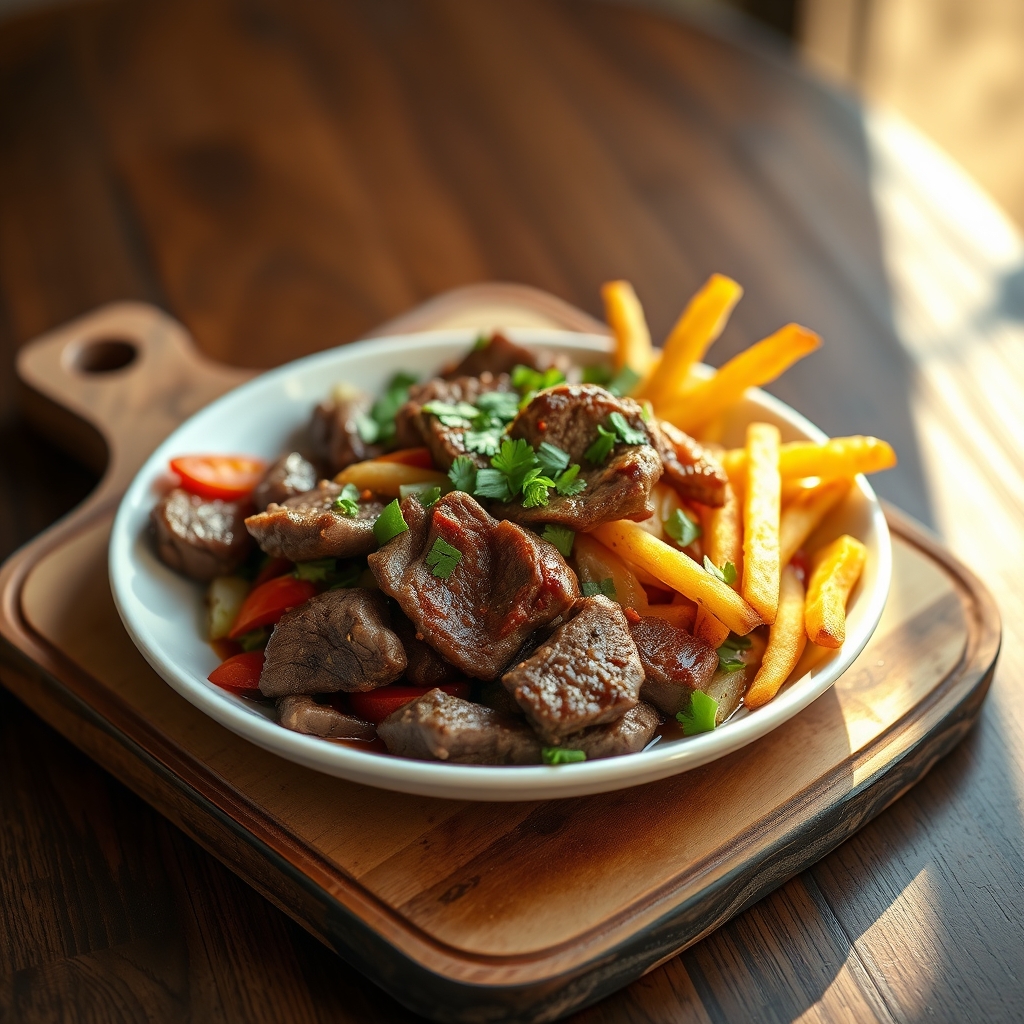 Close-up of Lomo Saltado ingredients