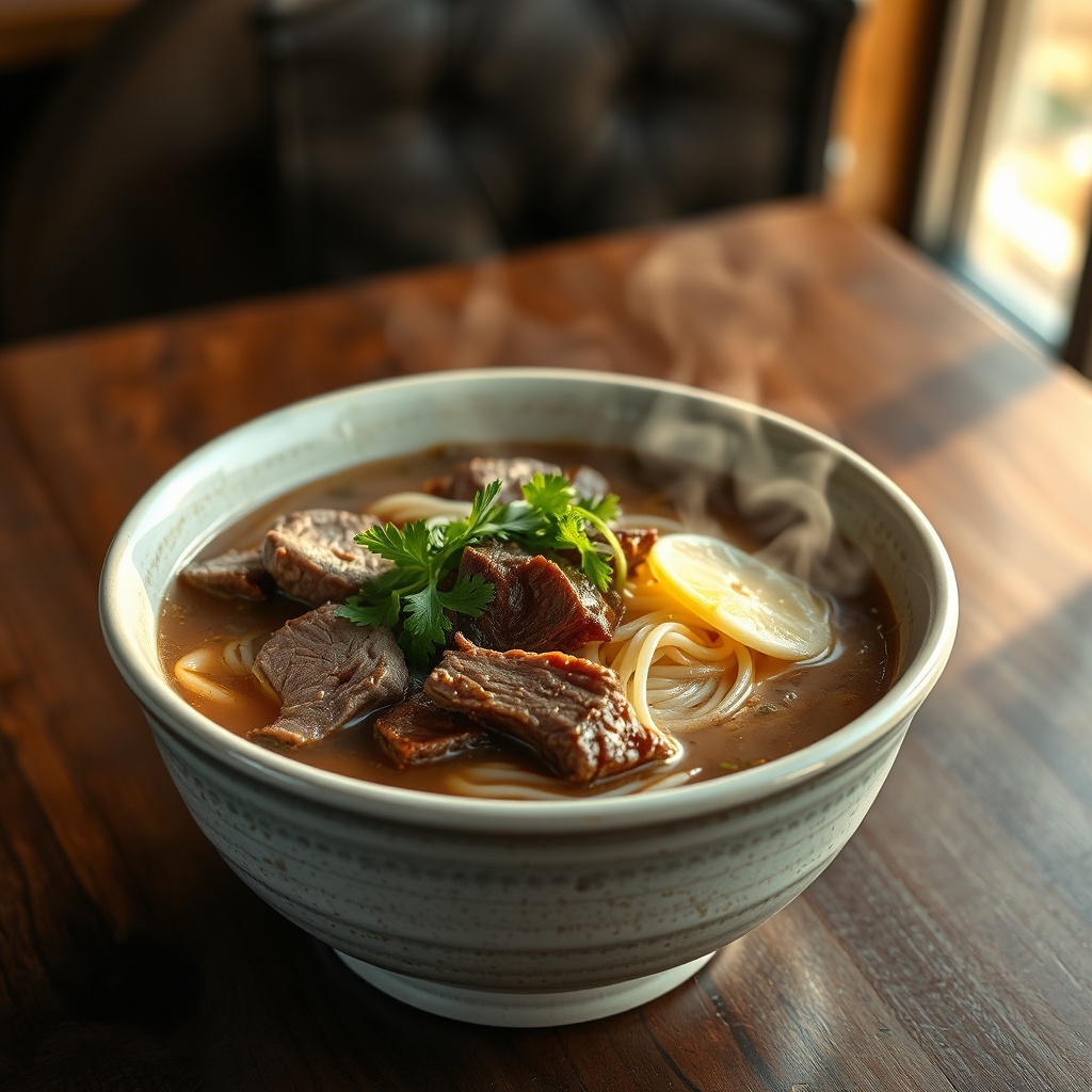 Assembling a bowl of Beef Mami with noodles, beef, and toppings