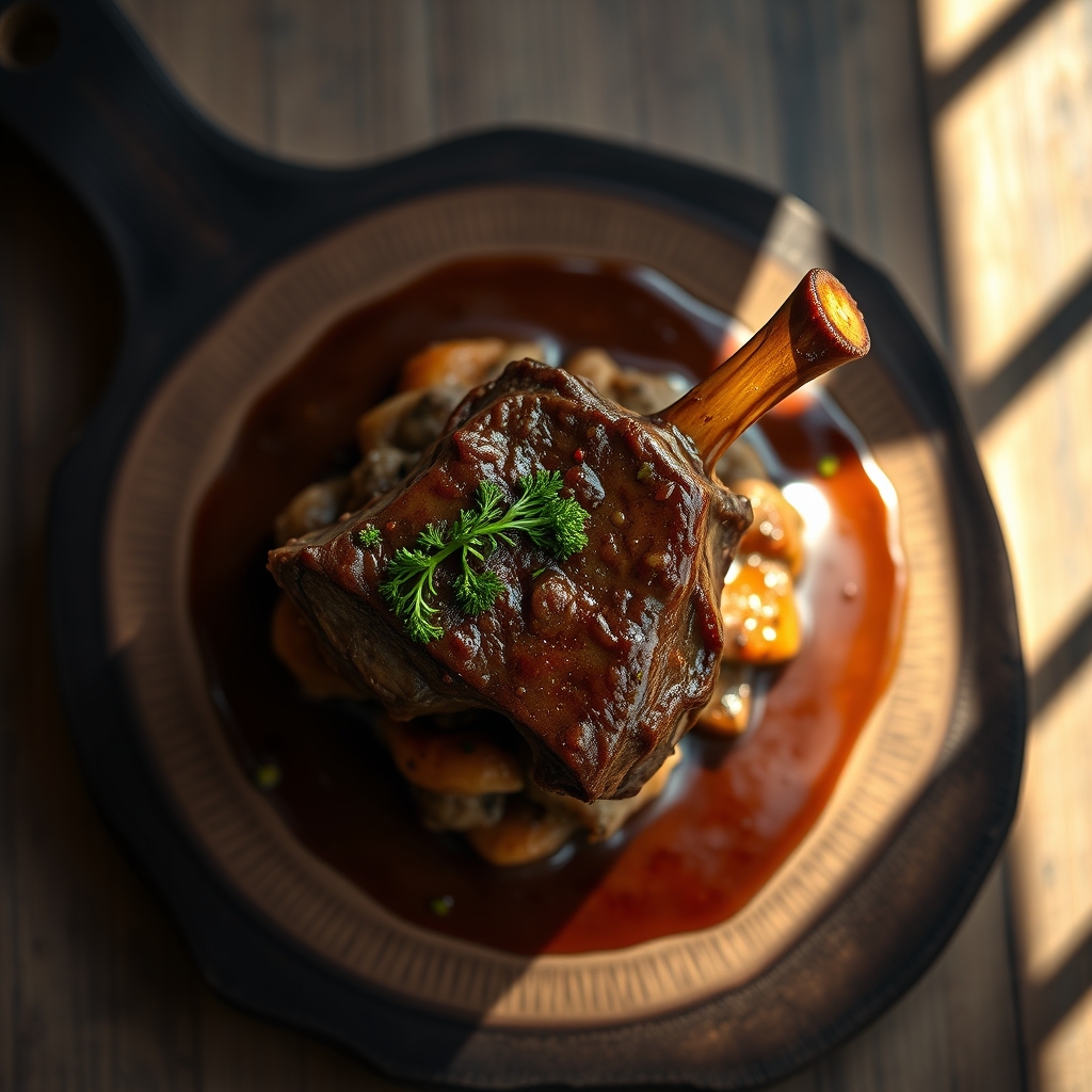 Beef Osso Buco shanks braising in a rich tomato and wine sauce