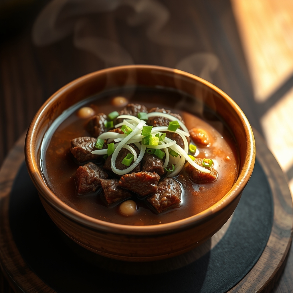 Close-up of tender beef pieces in a rich beef pares sauce