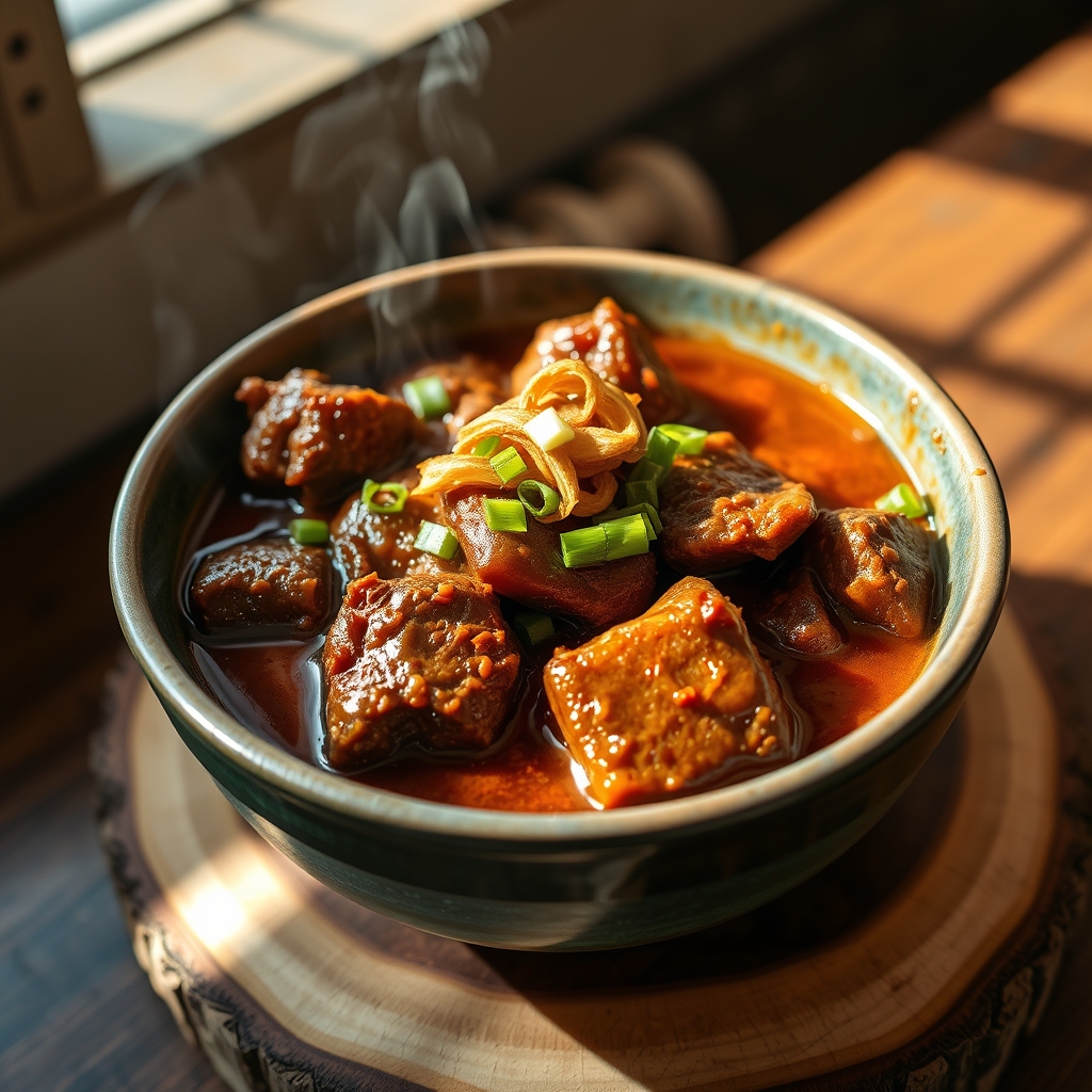 Beef Pares in a bowl with rice