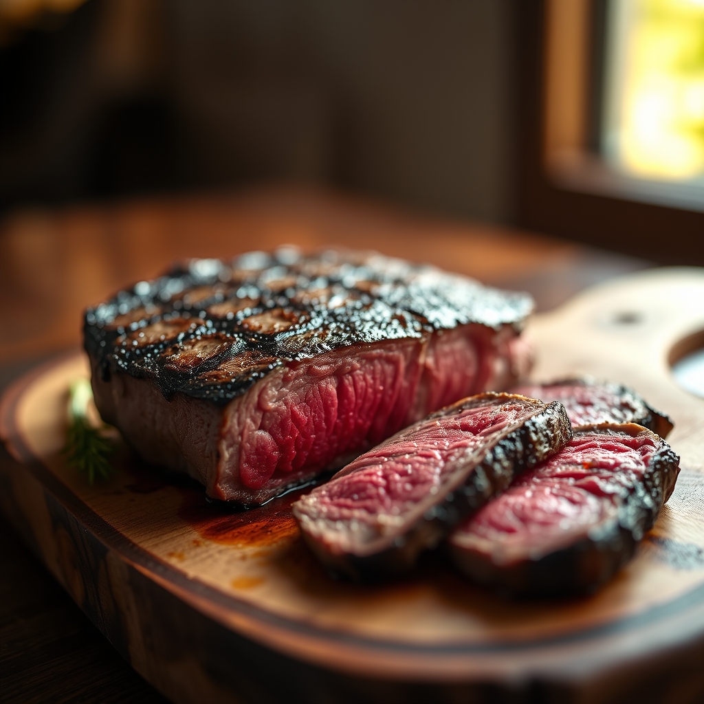Close up of seasoned petite sirloin steak sizzling in a pan