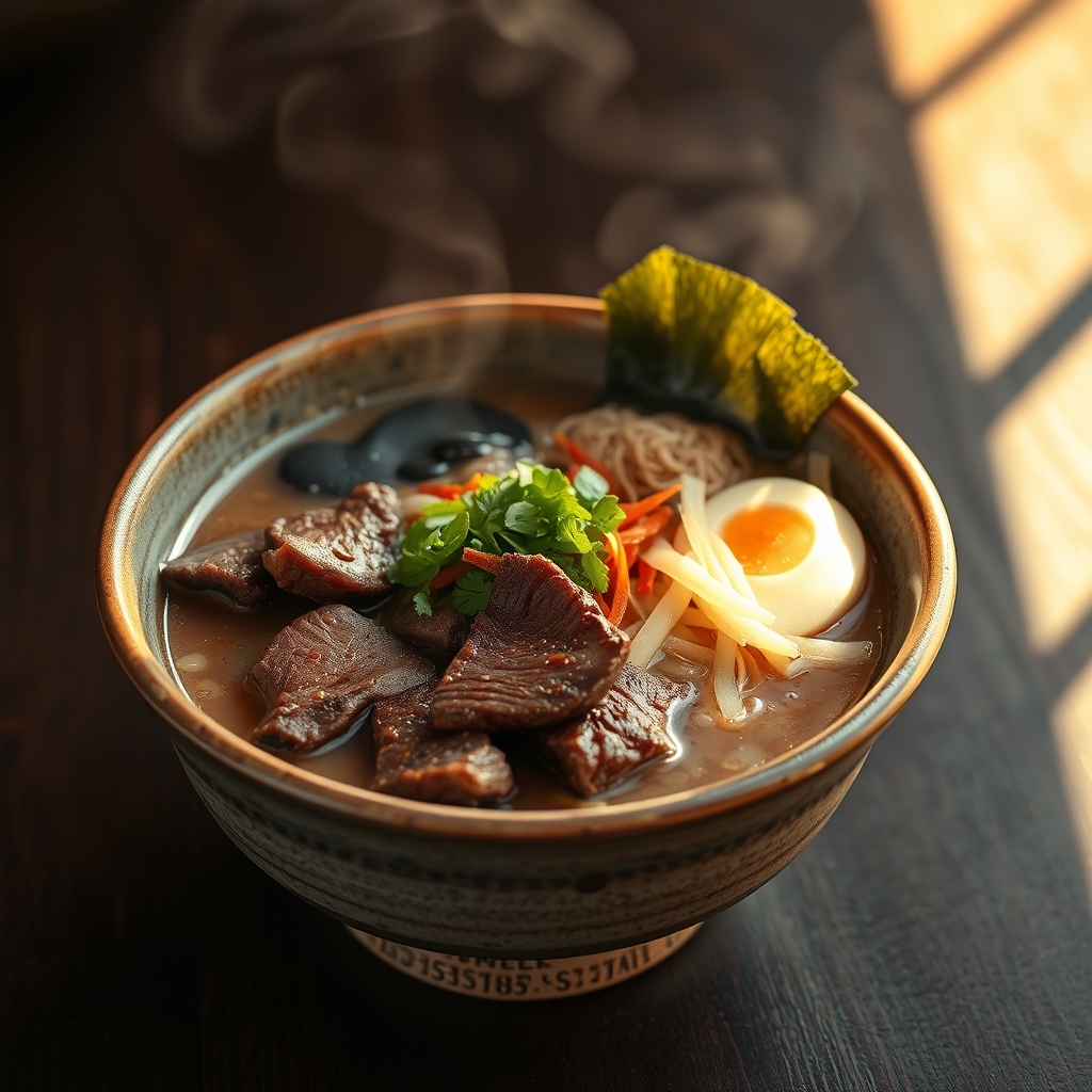 Close up of tender beef chunks in ramen broth