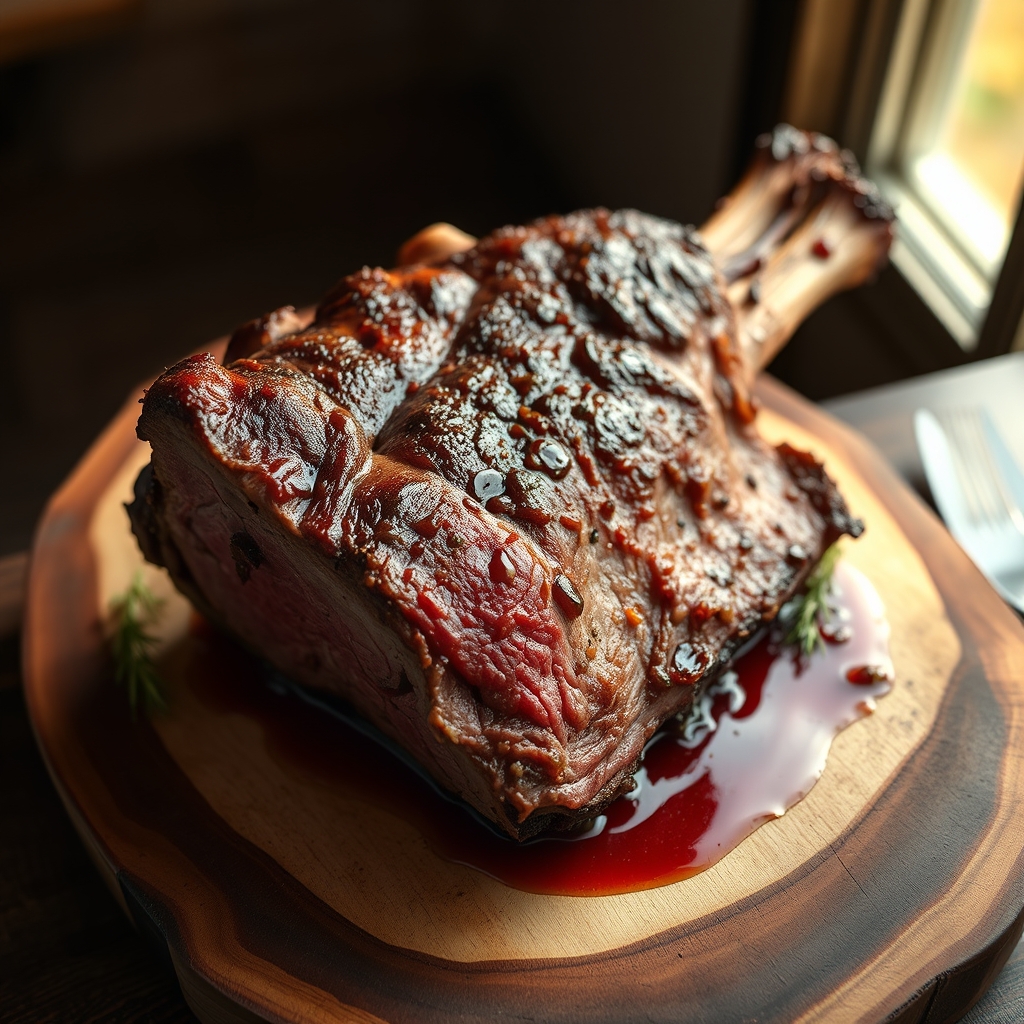 Close-up of sliced beef rib roast with au jus