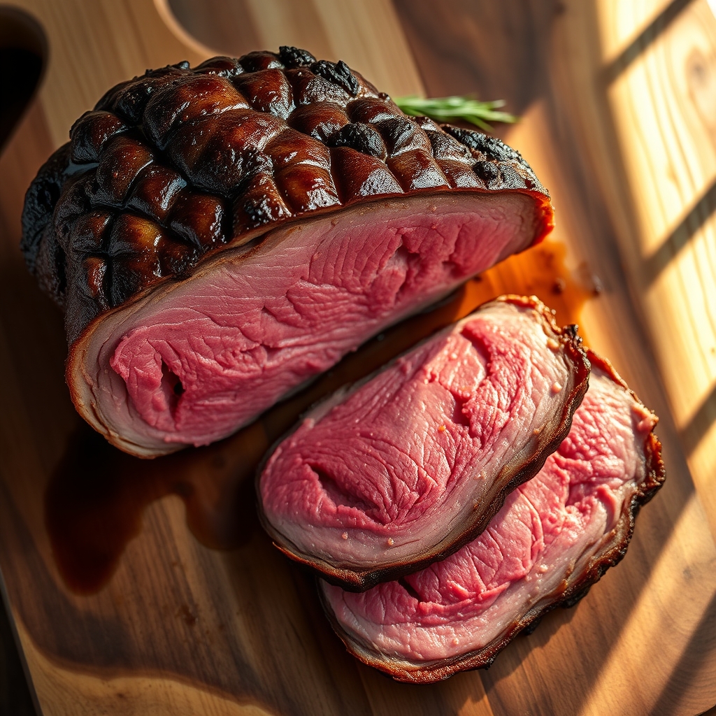 Carved slices of beef ribeye roast