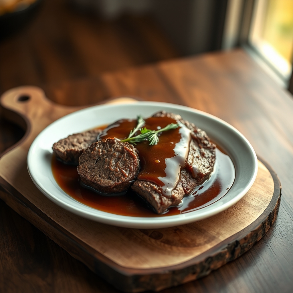 Close up of tender beef roast with sauce