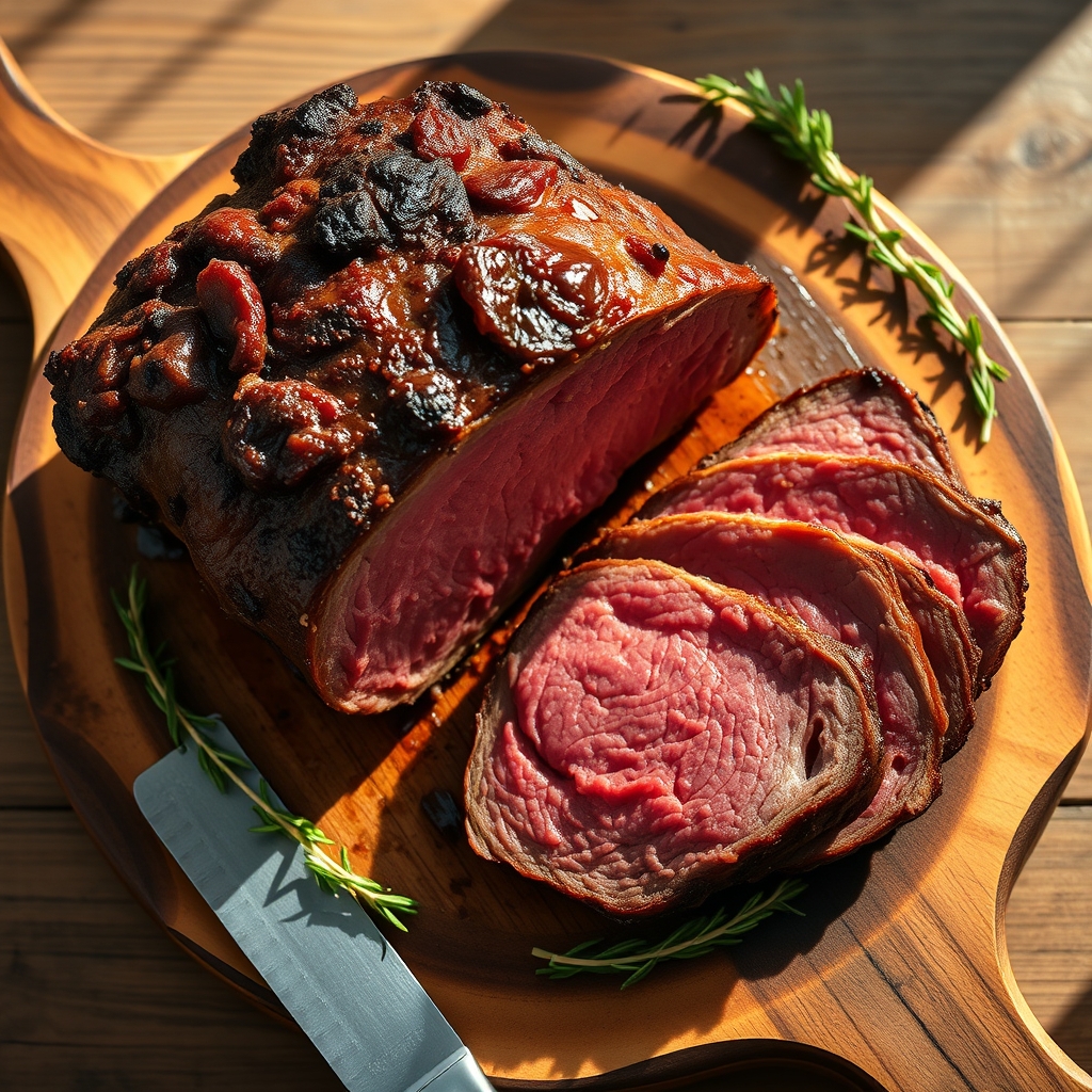 Perfectly cooked beef rump roast with vegetables