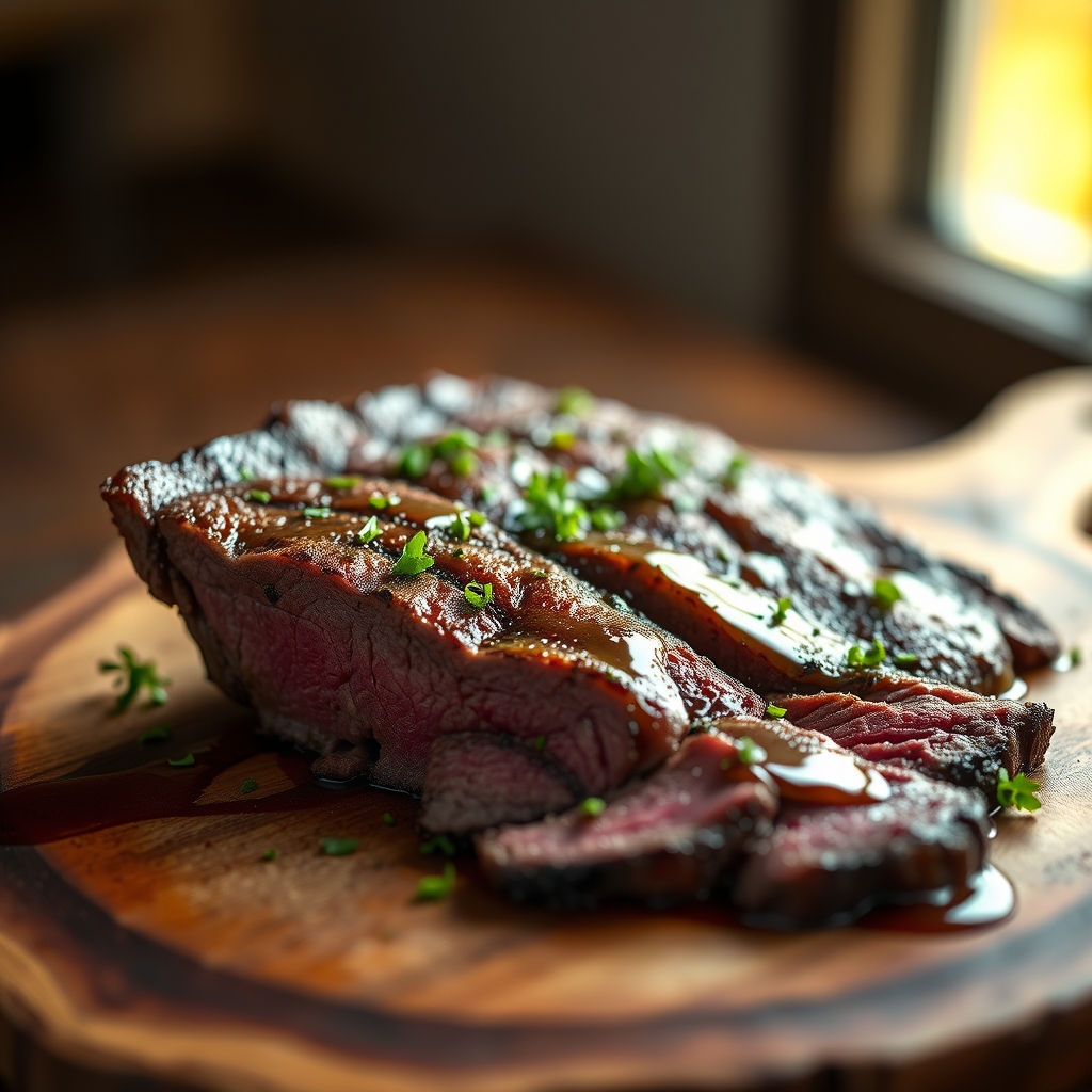 Sliced Beef Sirloin Flap Steak on a Board