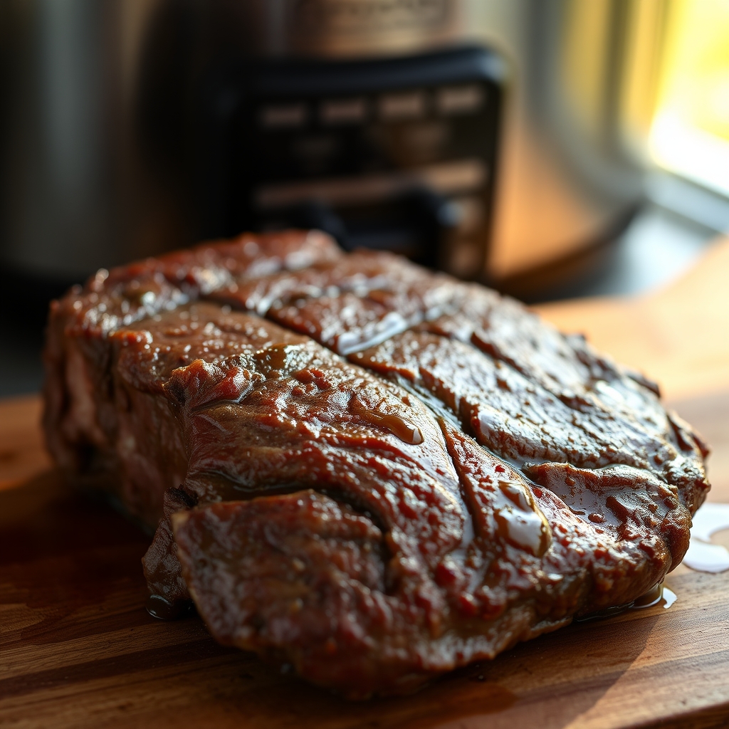 Sirloin steak in crock pot with onions and broth