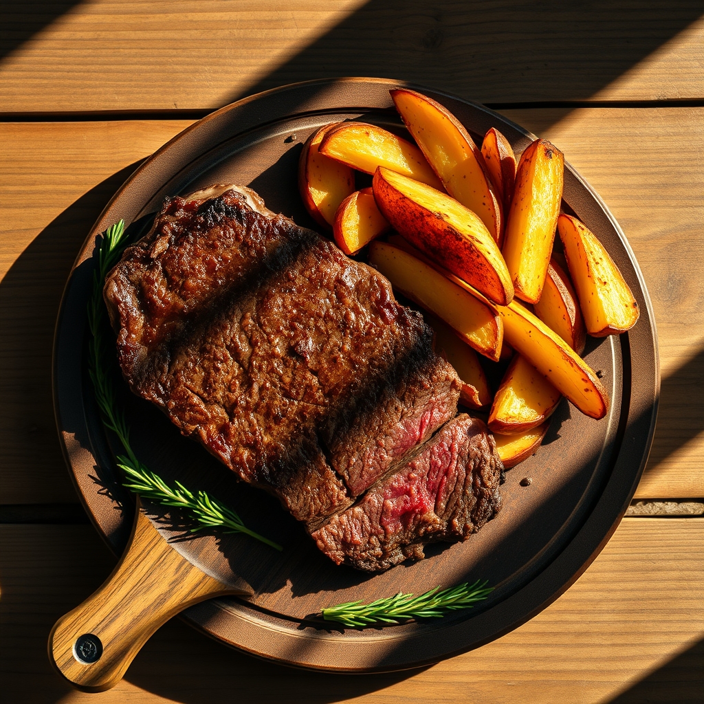 Pan-seared steak and potatoes on a plate