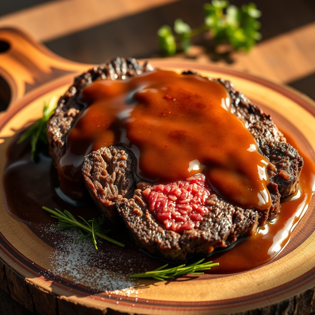 Pouring rich steak gravy over mashed potatoes