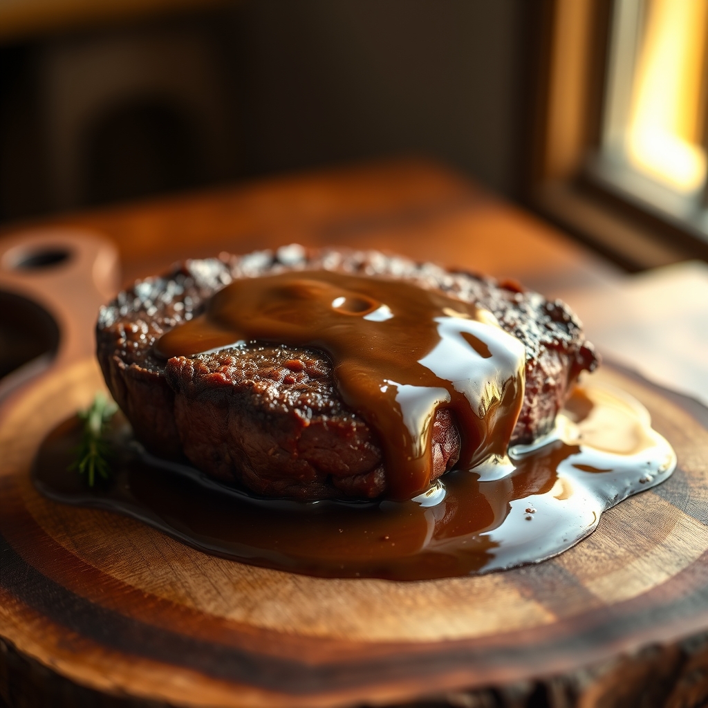 Close-up of homemade steak gravy in a gravy boat
