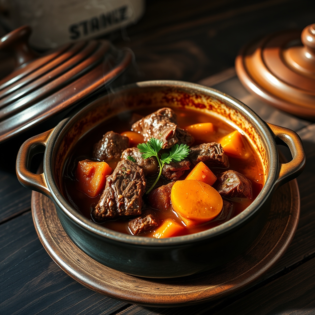 Hearty beef stew in a Dutch oven