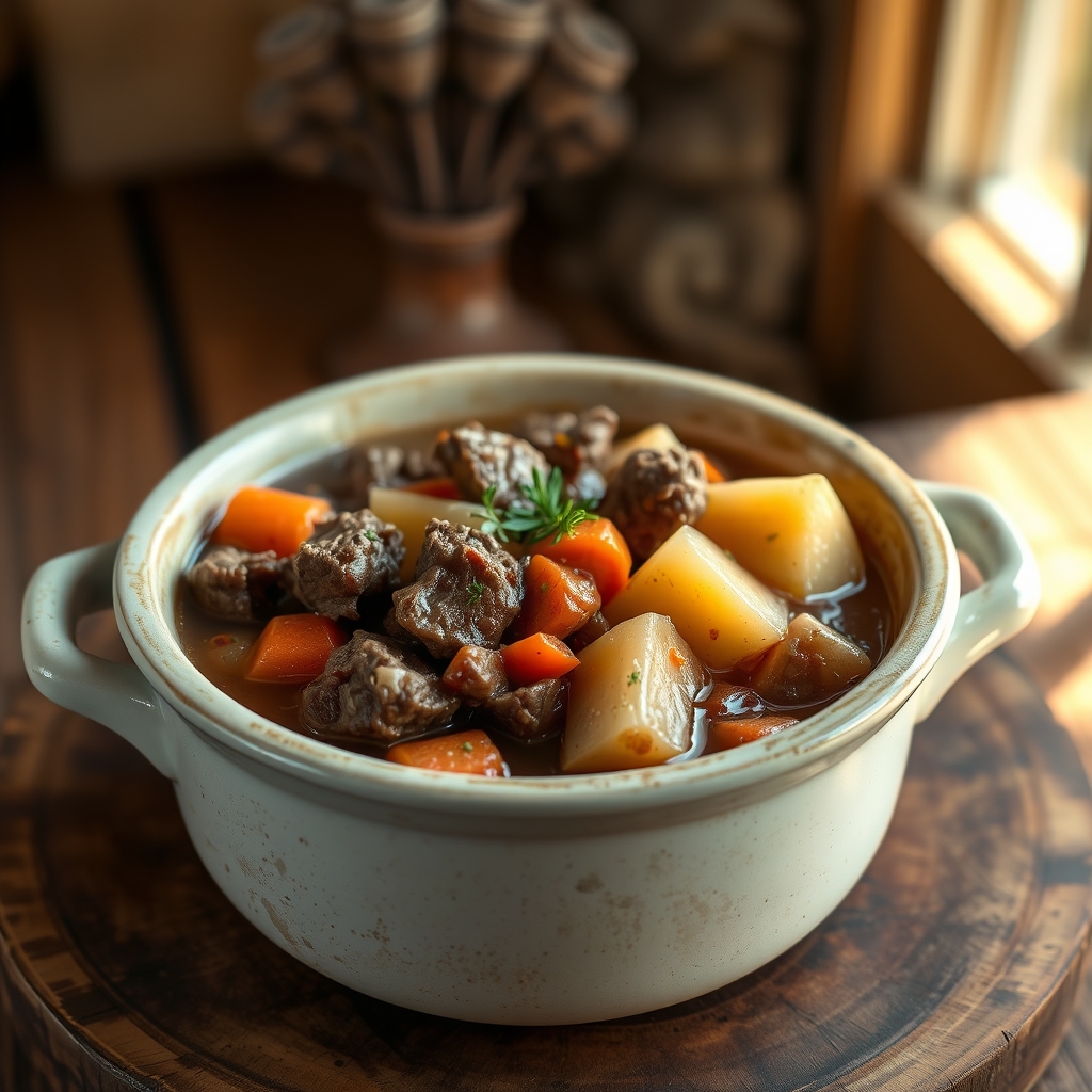 Hearty bowl of beef stew with vegetables and meat