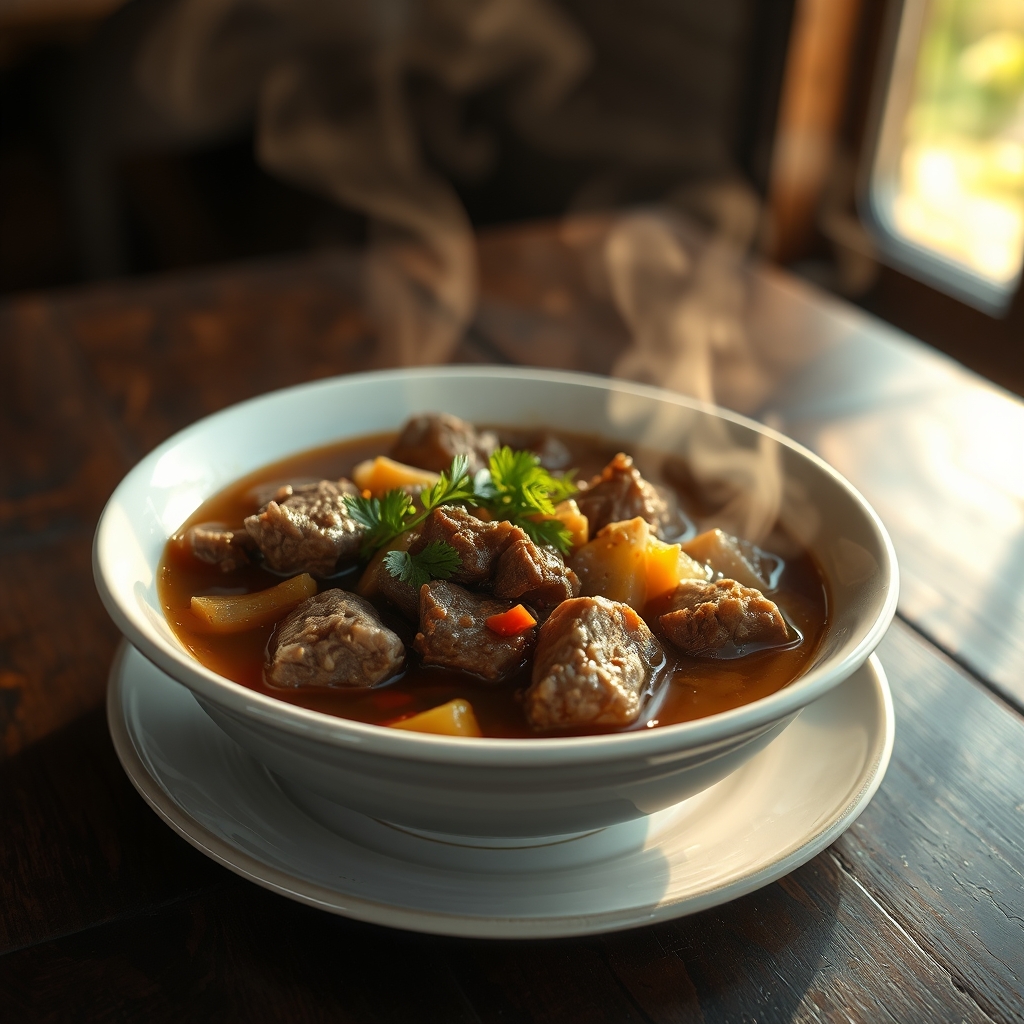 Close-up of Hawaiian Beef Stew with vegetables