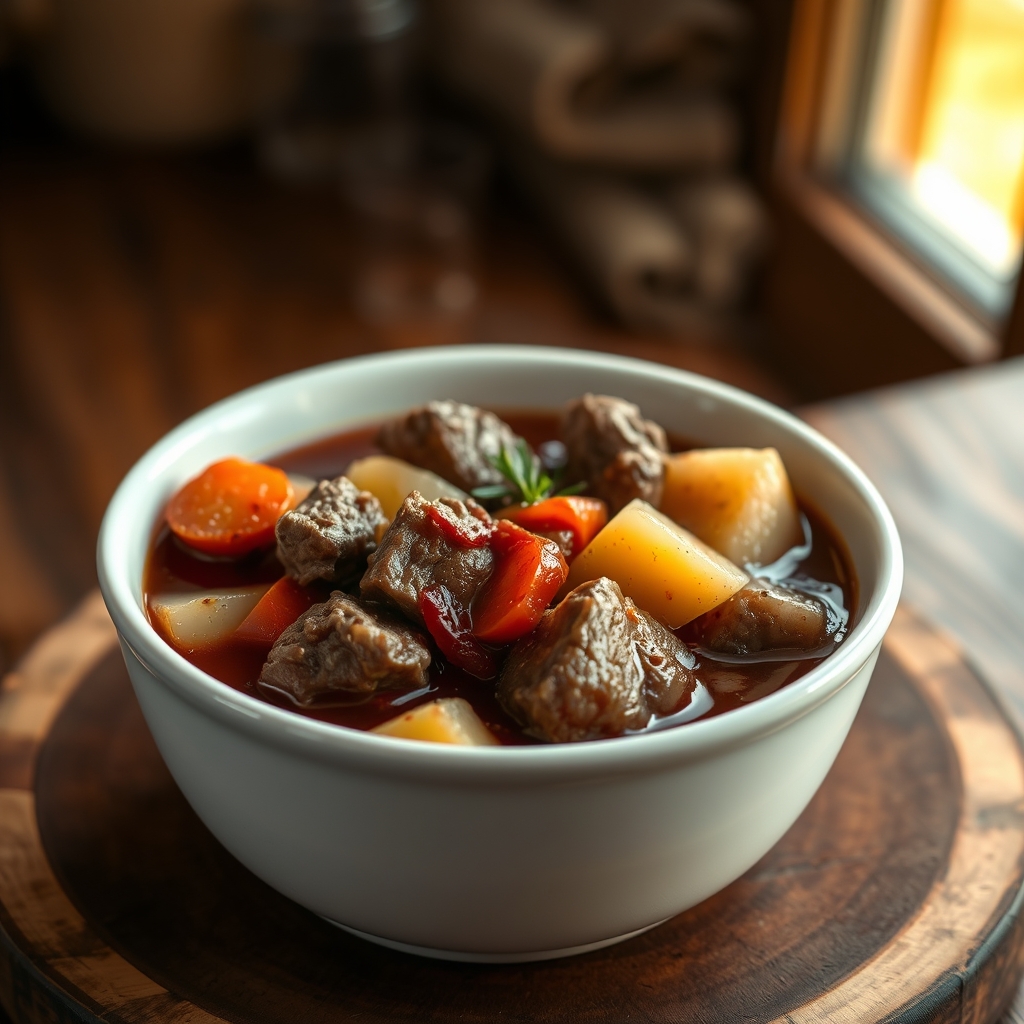 Close-up of Beef Stew with Carrots and Potatoes