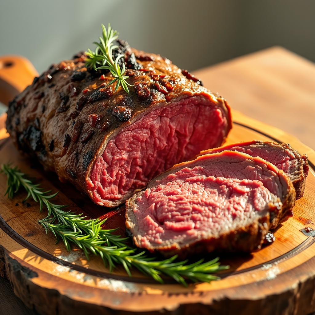Perfectly roasted beef strip roast on a cutting board
