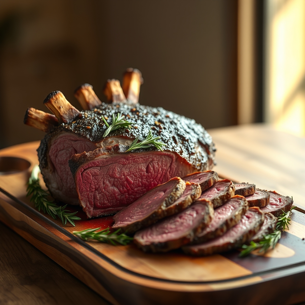 Juicy sliced beef strip roast on a serving platter