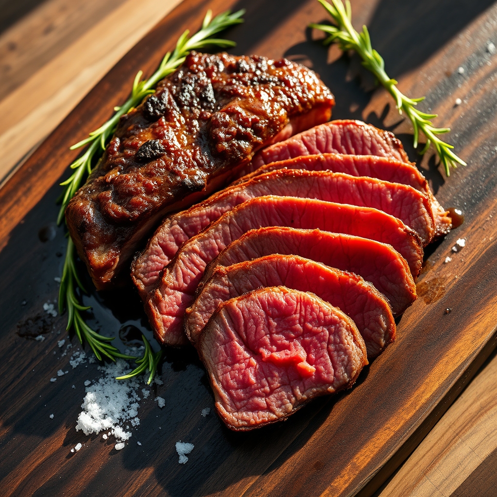 Beautifully roasted beef striploin