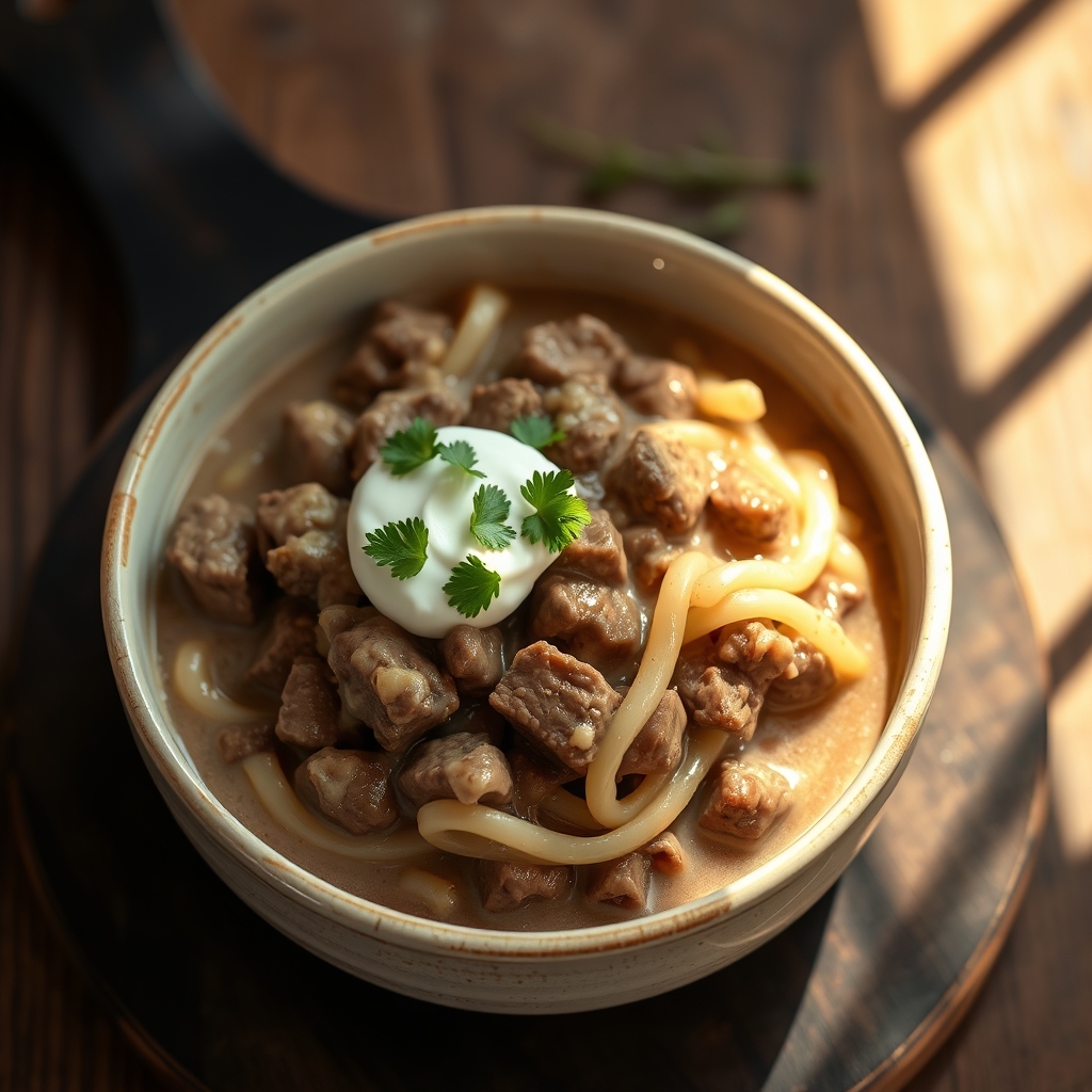 Beef Stroganoff served over egg noodles