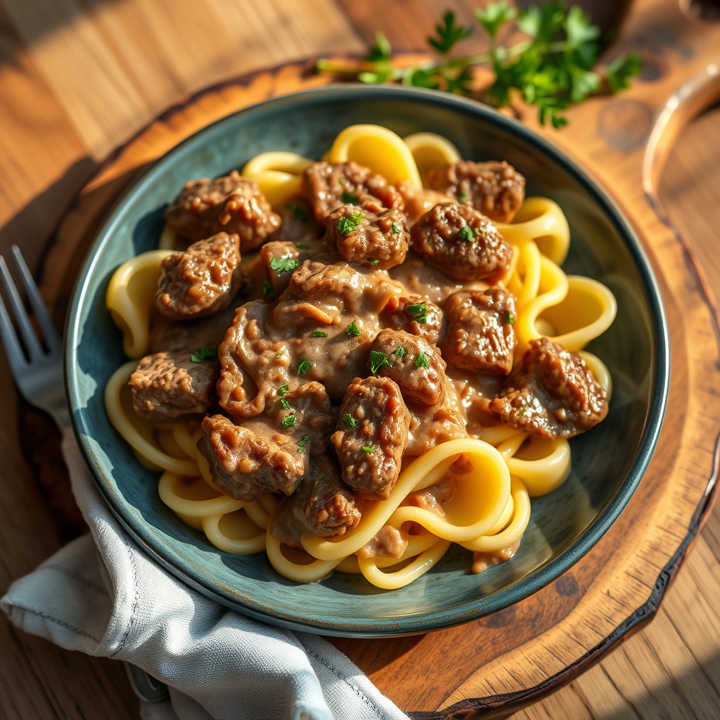 Beef Stroganoff on a plate with noodles