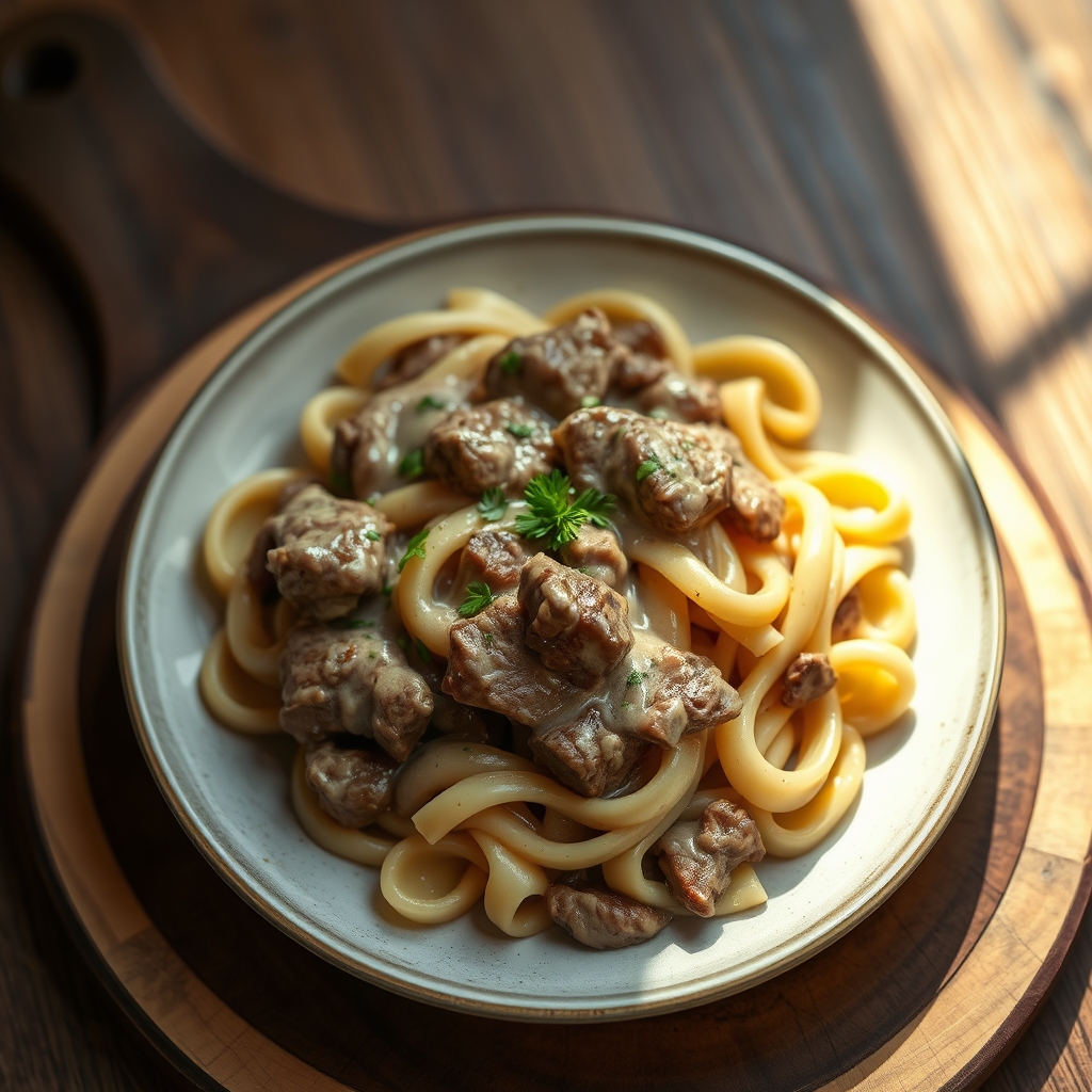 Beef Stroganoff sauce being stirred in a pan