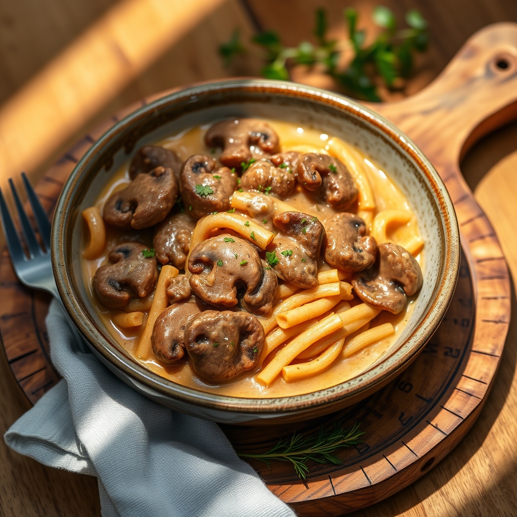 Delicious Beef Stroganoff served over noodles