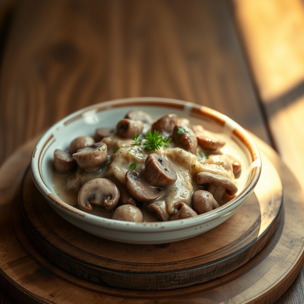 Close-up of creamy beef stroganoff sauce with mushrooms