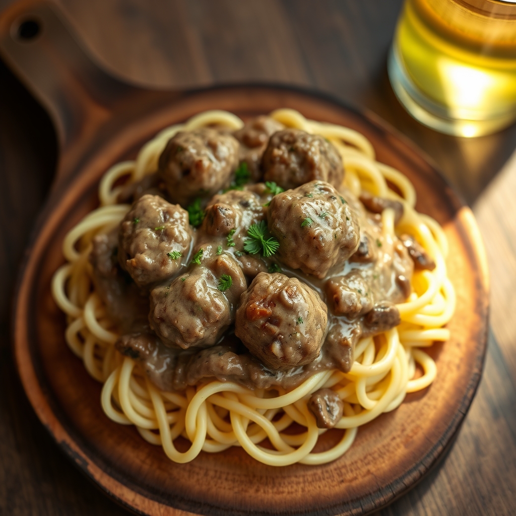 Close-up of Beef Stroganoff with Meatballs