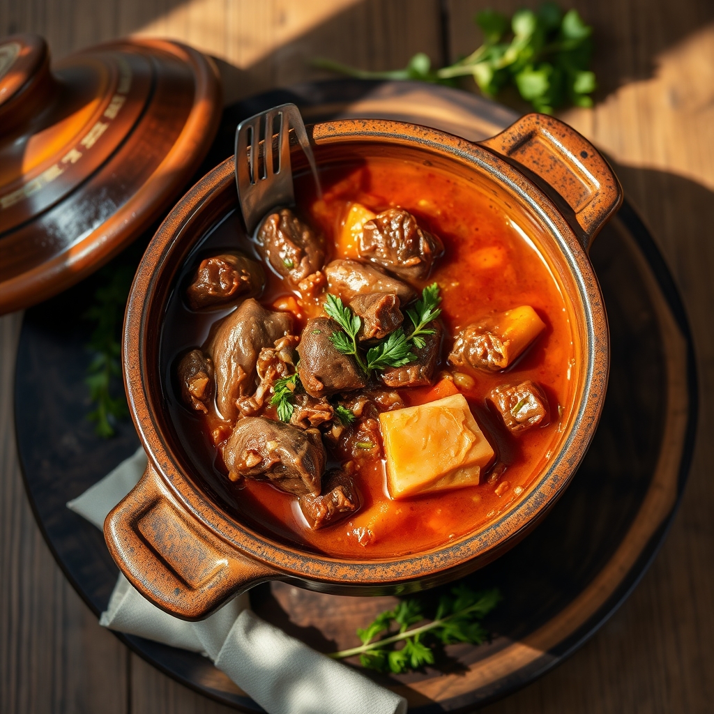 Beef Tripe Stew in a rustic pot