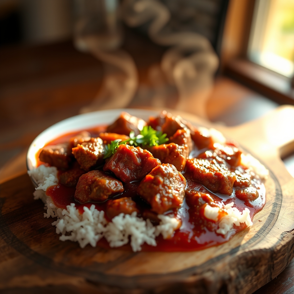 Beef Vindaloo served with rice and roti