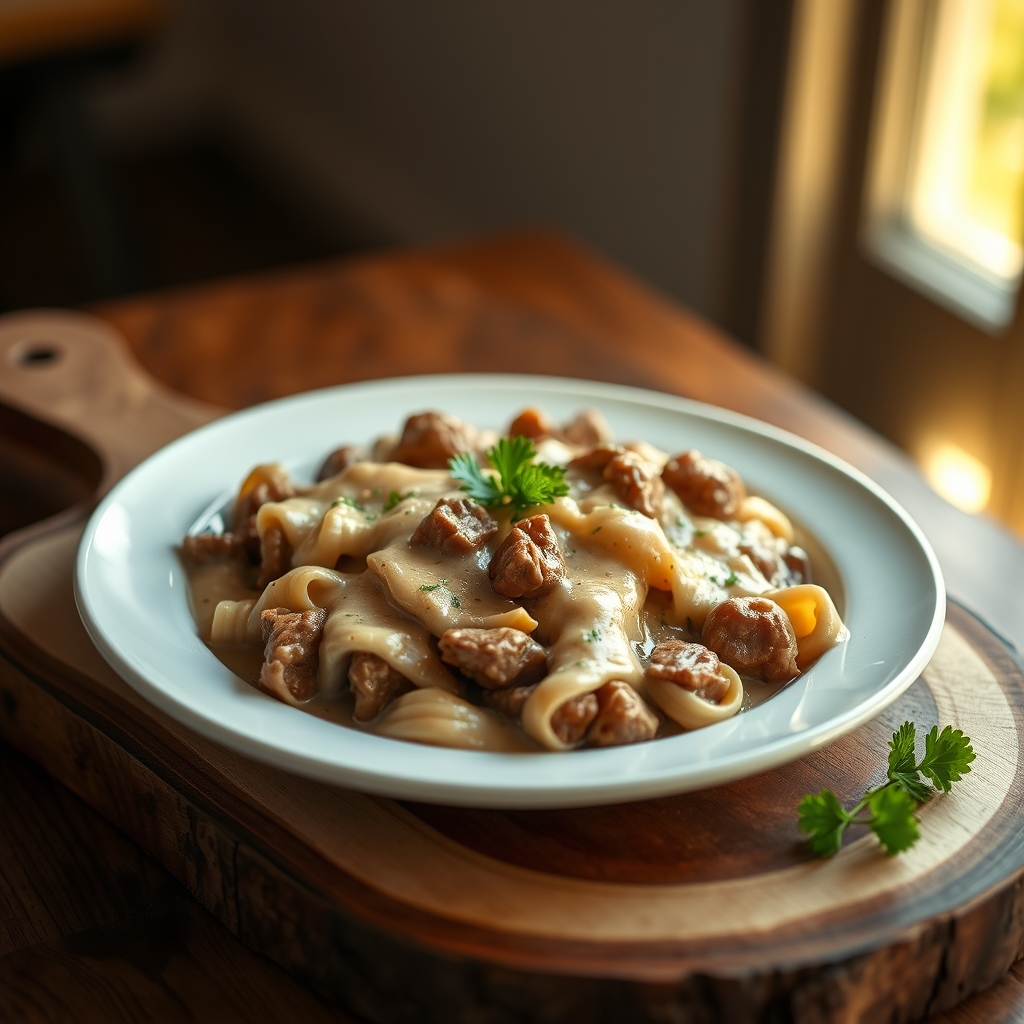 Beef Stroganoff served over noodles