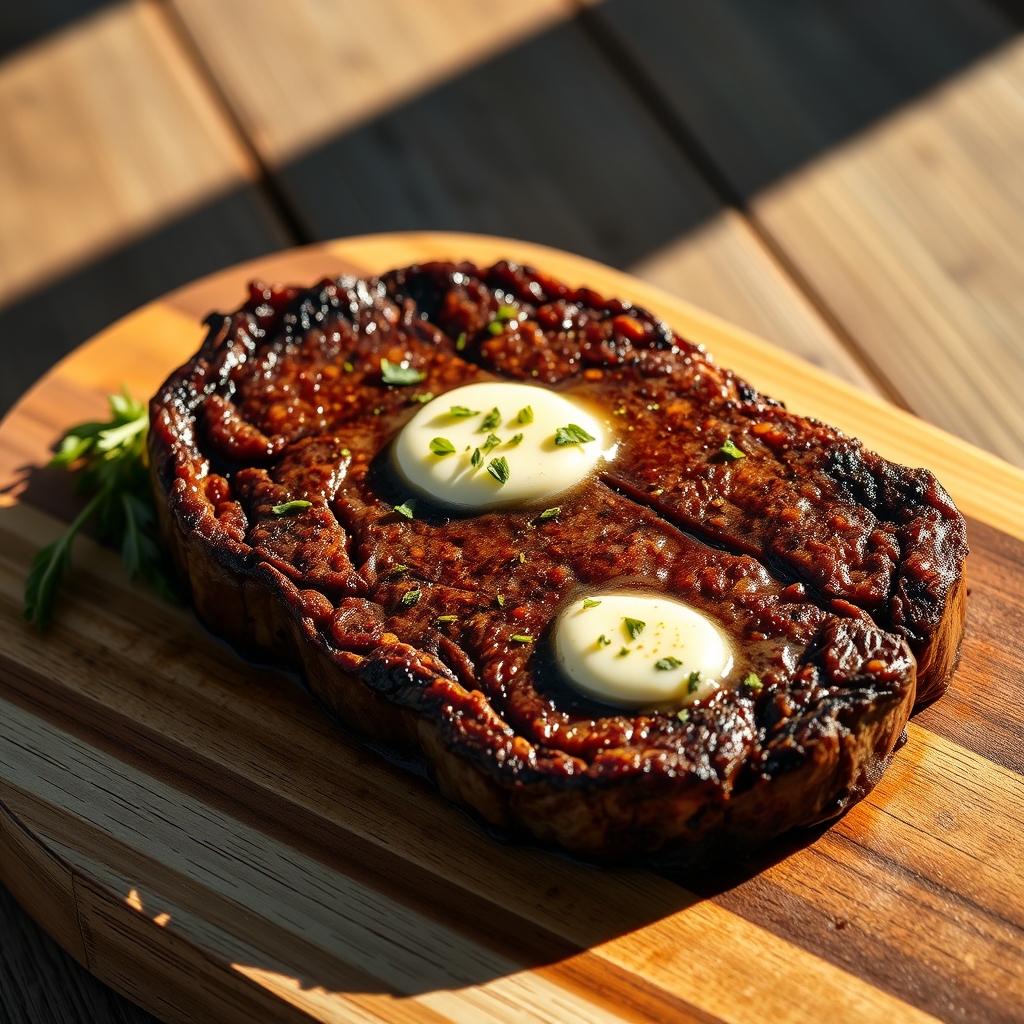 Perfectly cooked bison steak on a wooden board