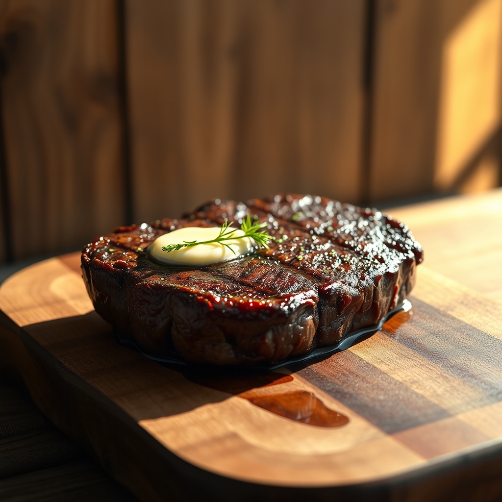 Bison steak sizzling in a cast-iron skillet