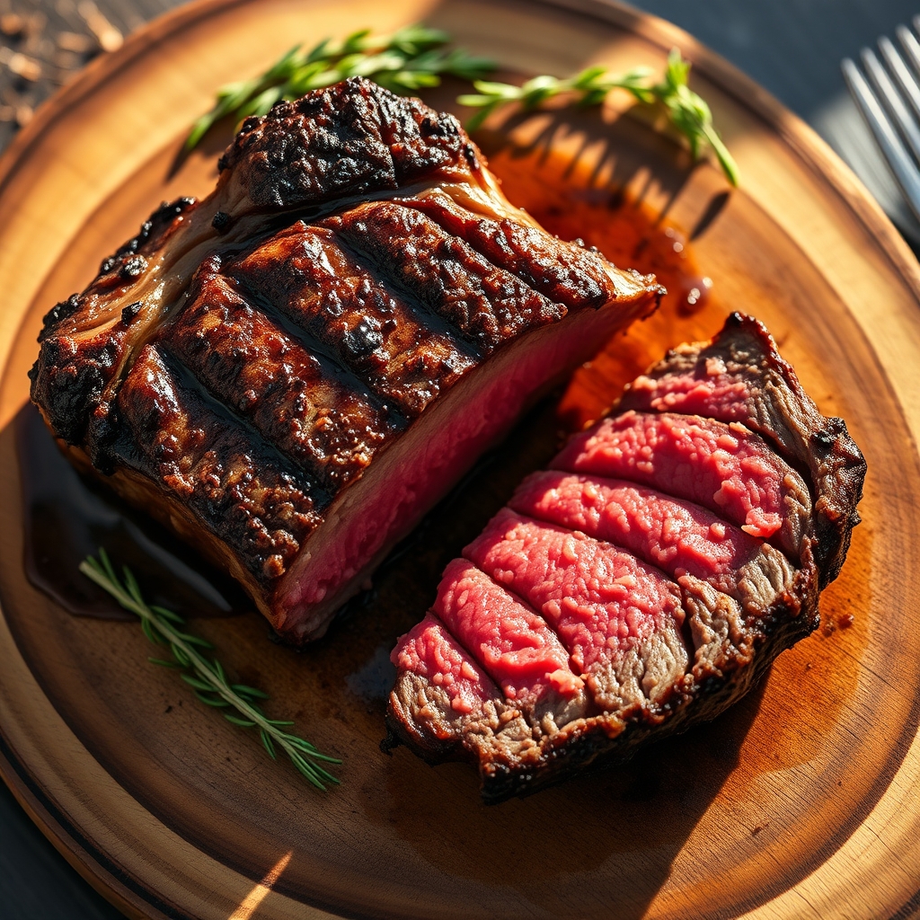 Perfectly cooked bone-in ribeye steak on a plate.