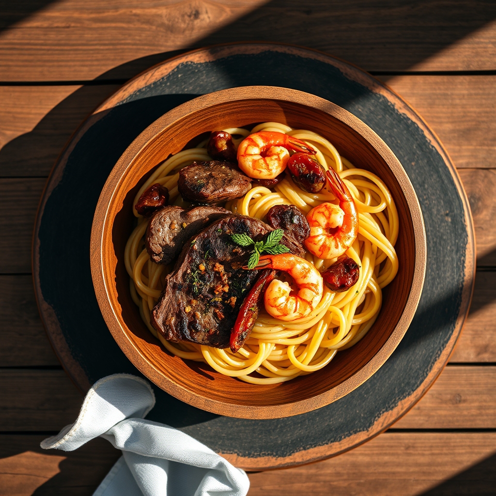 A mouthwatering dish of Calabrian Steak and Shrimp Bucatini