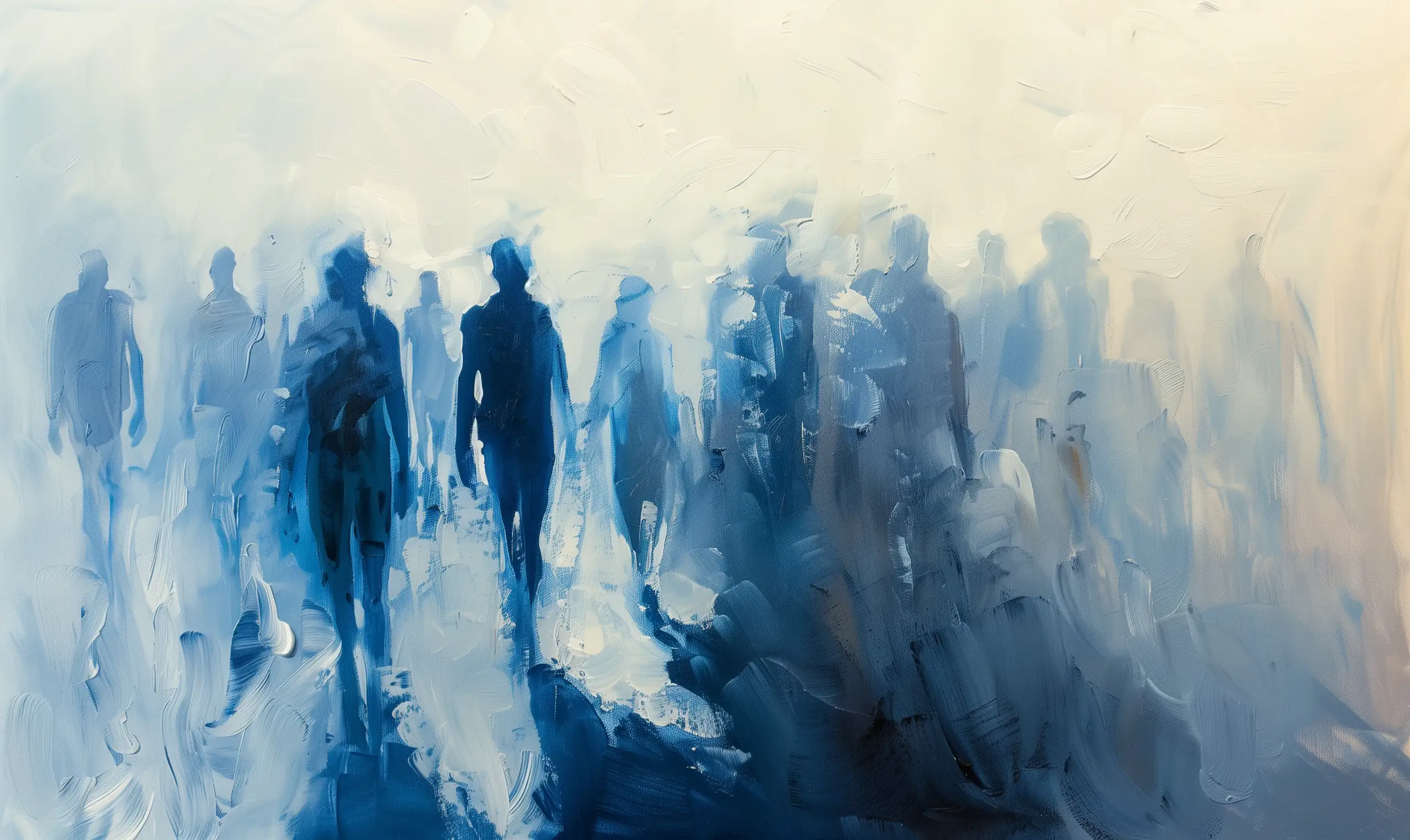 Abstract painting of a group of people walking through a misty atmosphere, depicted in shades of blue and white with blurred details that convey movement and introspection.