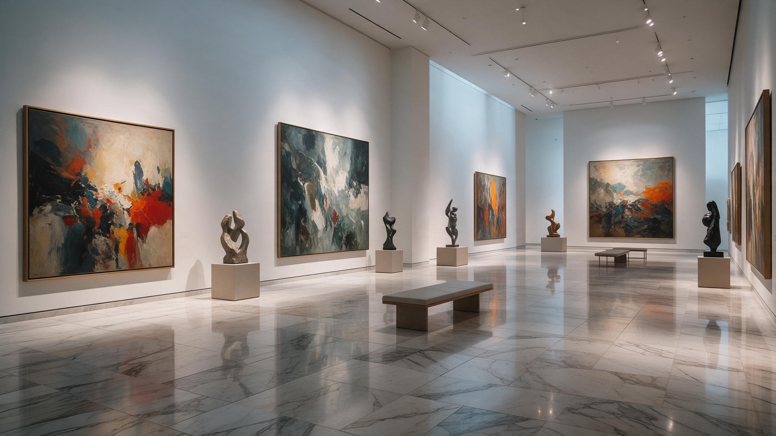 minimalist modern art gallery with a large abstract oil painting, cinematic lighting, editorial style