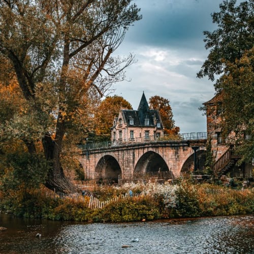 Canards sur le Loing au pied du pont et de la maison à tourelle