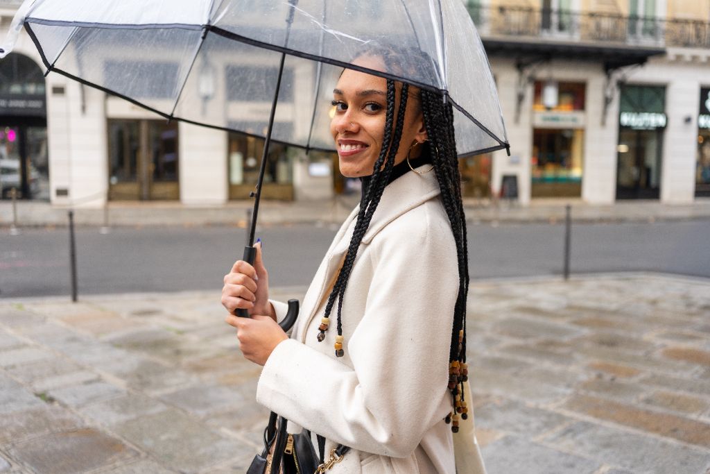Portrait de rue à Paris : femme souriante sous un parapluie transparent