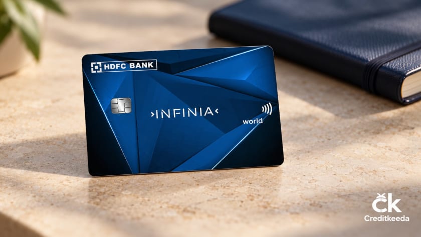 HDFC Bank blue Infinia Metal card on a limestone desk beside a navy notebook, with the Creditkeeda watermark