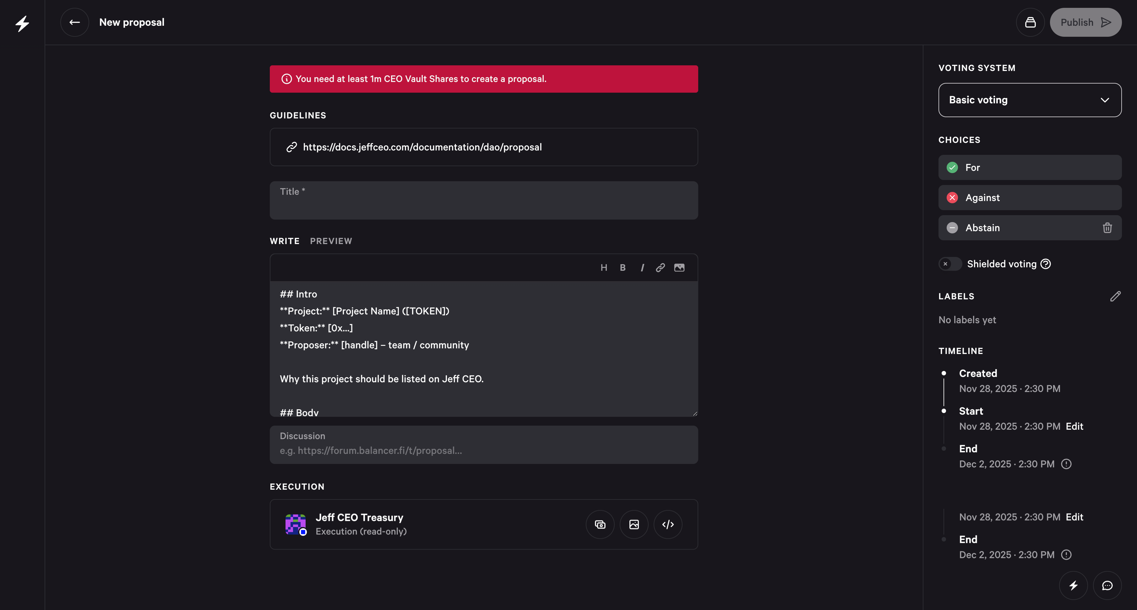 New proposal screen in the Jeff CEO Snapshot space