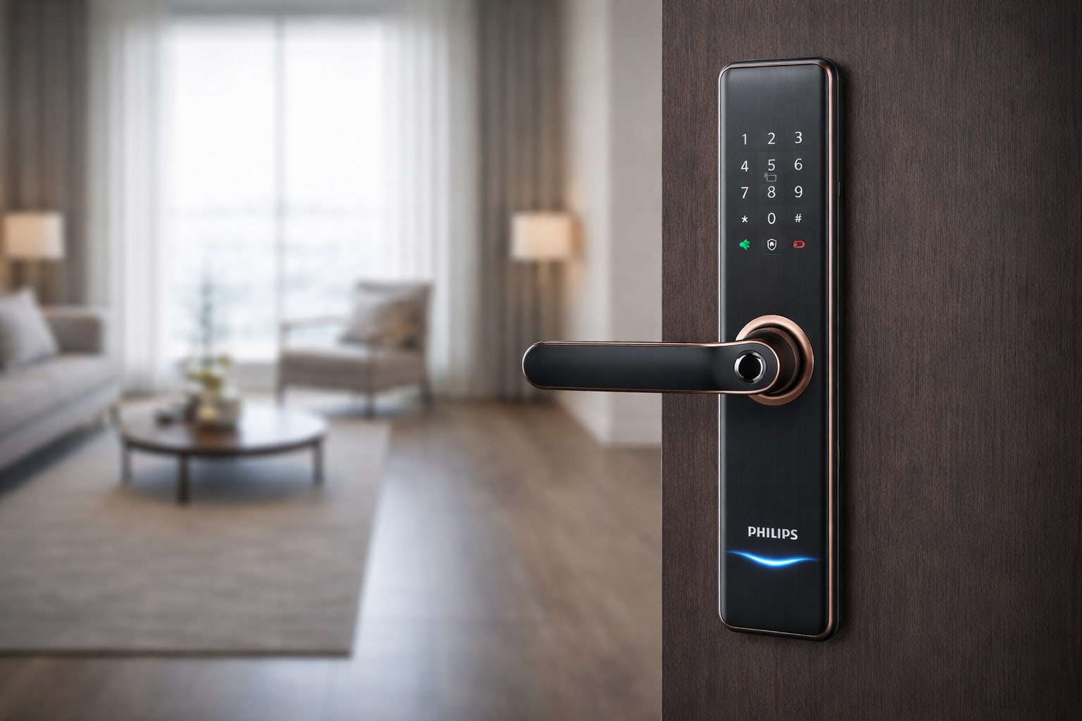 Încuietoare inteligentă modernă cu control prin smartphone, amprentă digitală și cod PIN pentru securitate avansată casă și birou