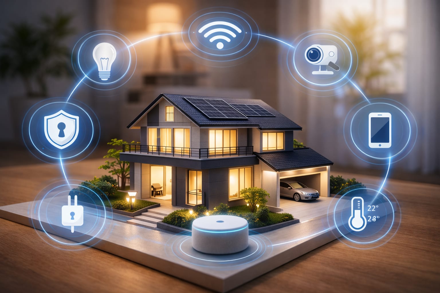 Casa inteligentă modernă cu automatizare completă, control vocal, securitate avansată și dispozitive smart integrate pentru confort maxim