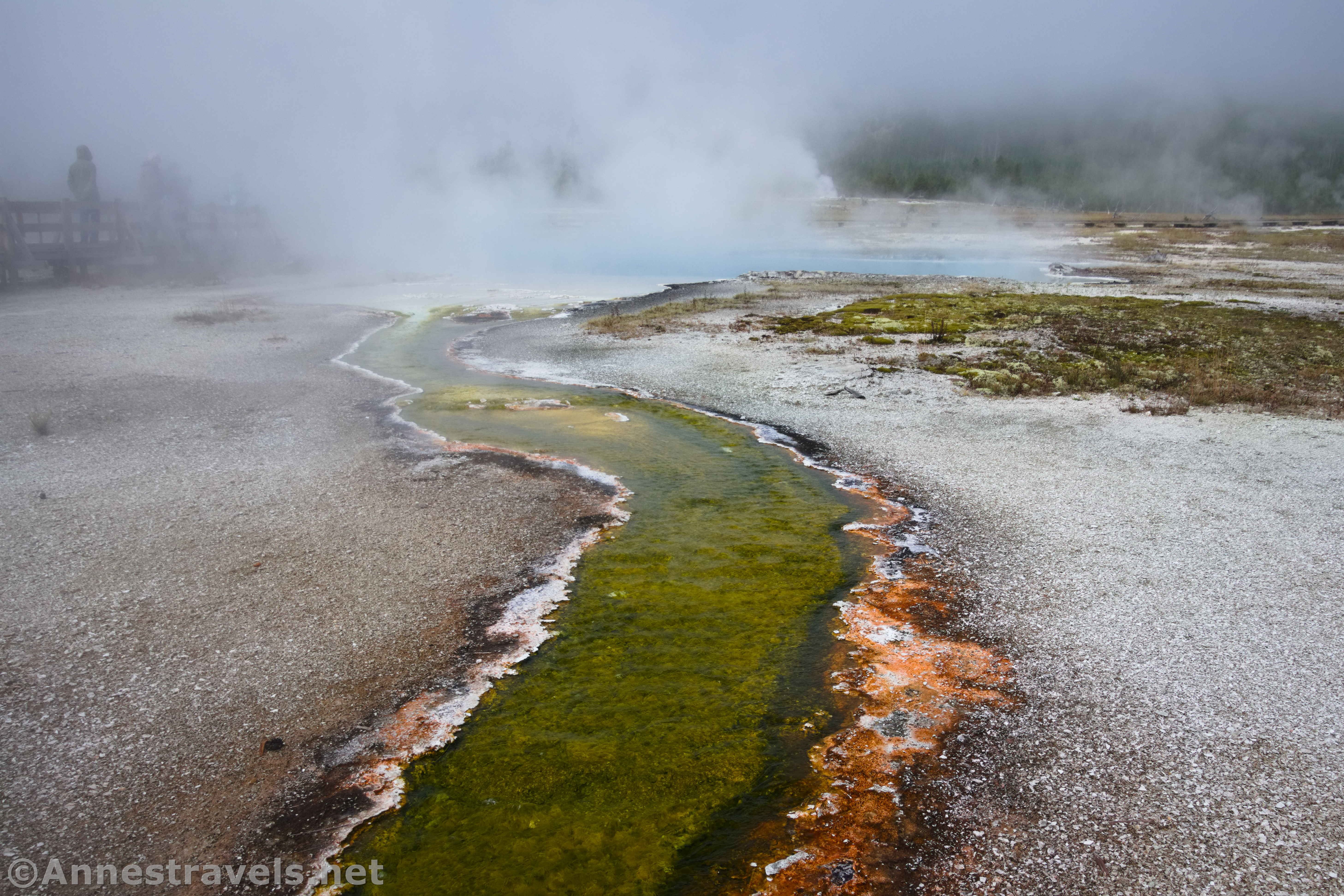 A green channel of water rimmed with red and white mineral deposits flows in an S-curve to a light blue pool covered in mist