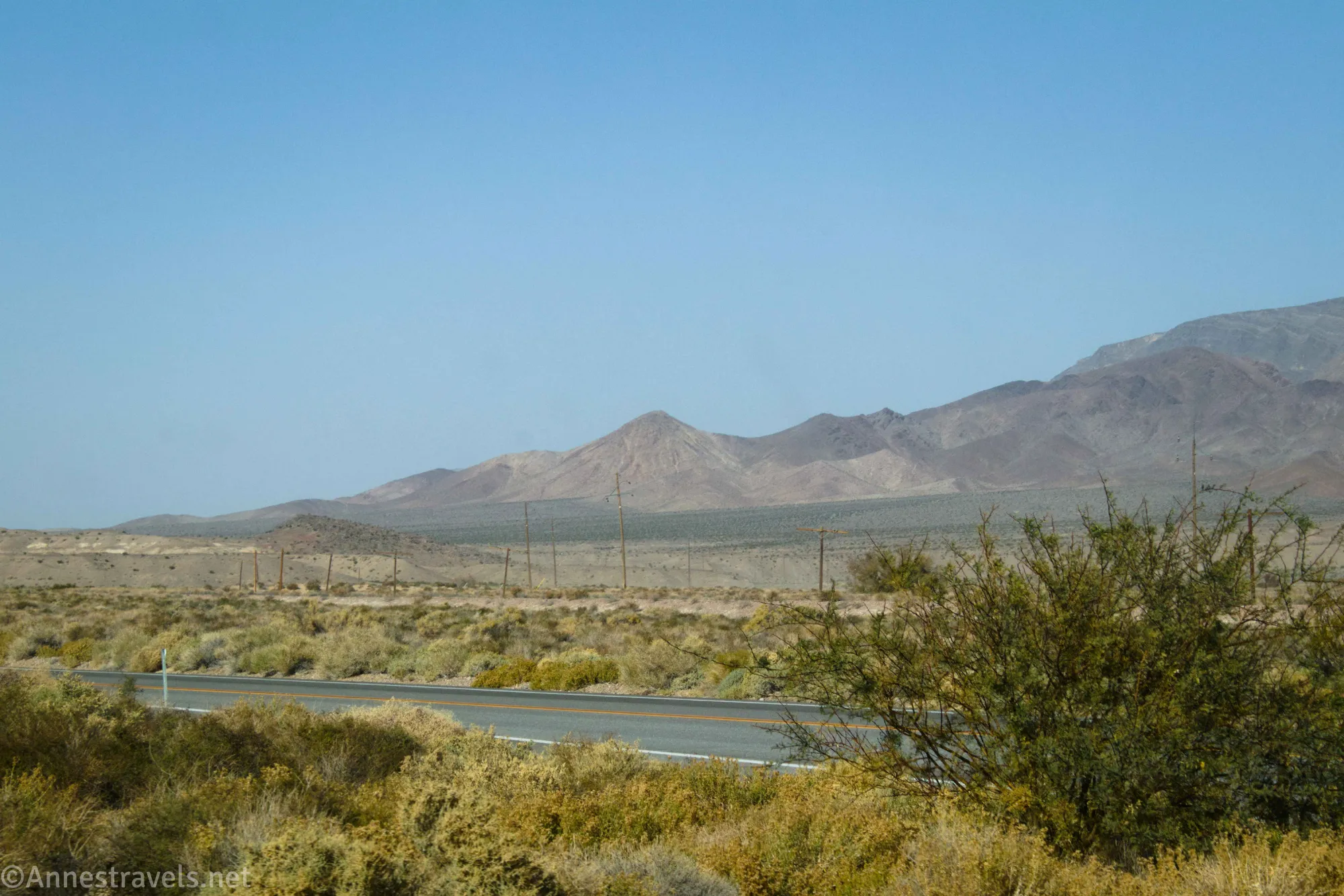 Desert mountains over desert plants and a blacktop road