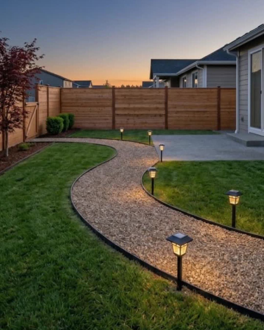 Solar-lit S-curve gravel path — visualisation of the finished build