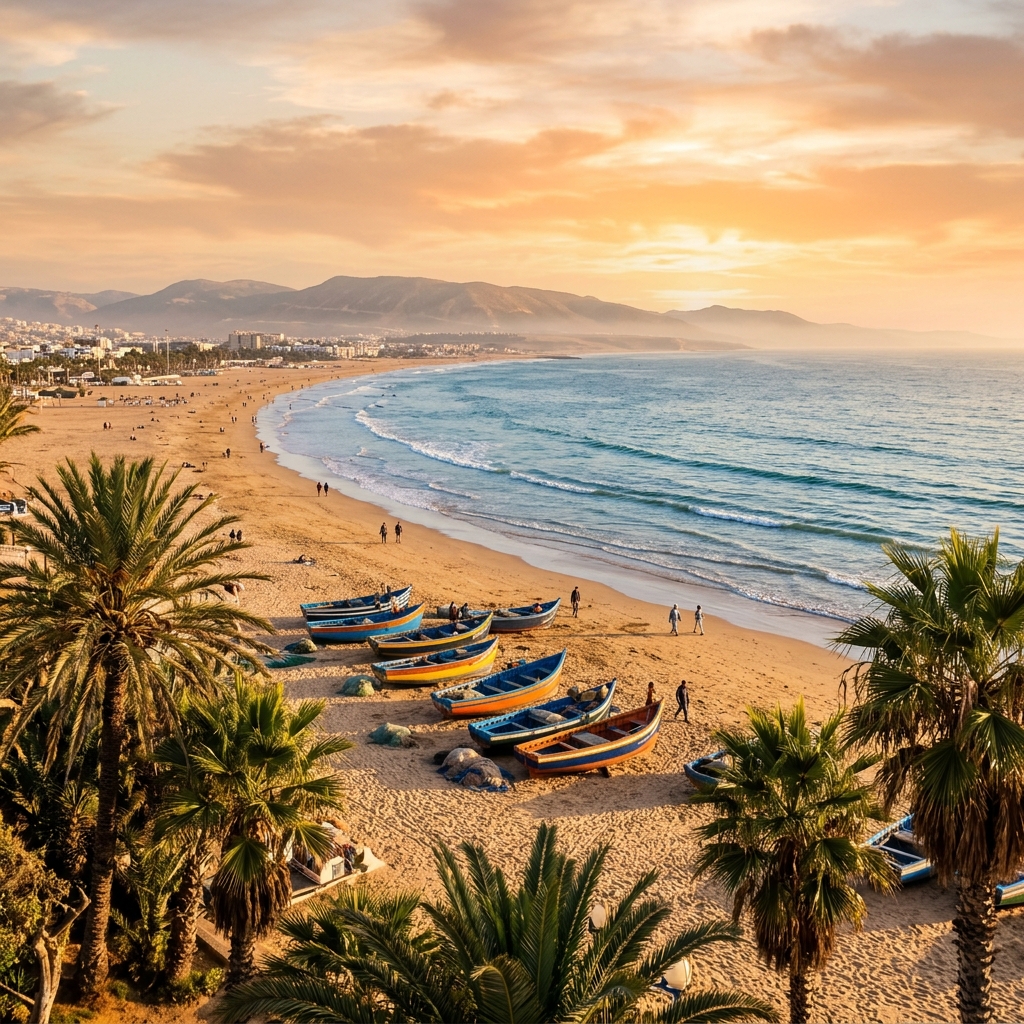 Golden hour panoramic view of Agadir beach with palm trees, fishing boats, and Atlas mountains - affordable Morocco beach holidays