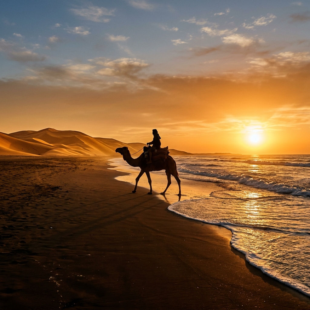 Morocco beach and desert tours: panoramic view of Atlantic coast and Sahara dunes at sunset with camel rider, representing the ultimate combo holiday in Morocco.